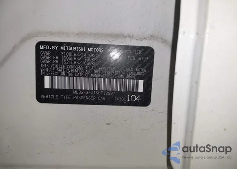 2019 Mitsubishi Mirage G4 Es/Rf из США, поврежденный, VIN ML32F3FJ1KHF12997